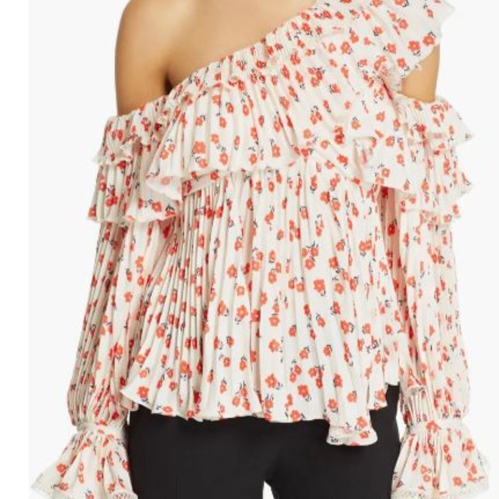 Self-Portrait Red Floral on White Ruffled Tiered Ruffled One Shoulder Top (8)